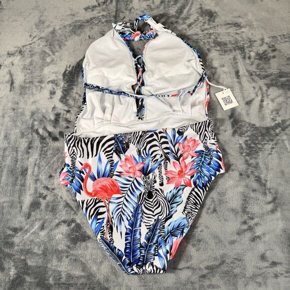 GRACE KARIN Women Swimwear One Piece Backless Swimsuit Floral Lace Up Flamingo - Picture 8 of 16